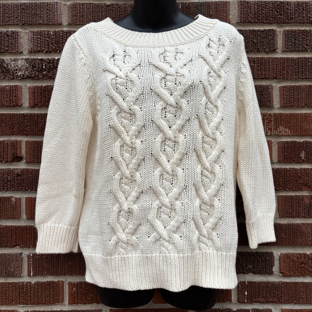 Talbots Women’s XL Petite White Cable Knit Pullover Sweater 100% Cotton
